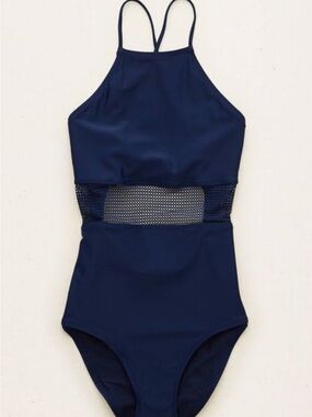aerie Girls' Navy High-Neck One-Piece Swimsuit with Mesh Waist
